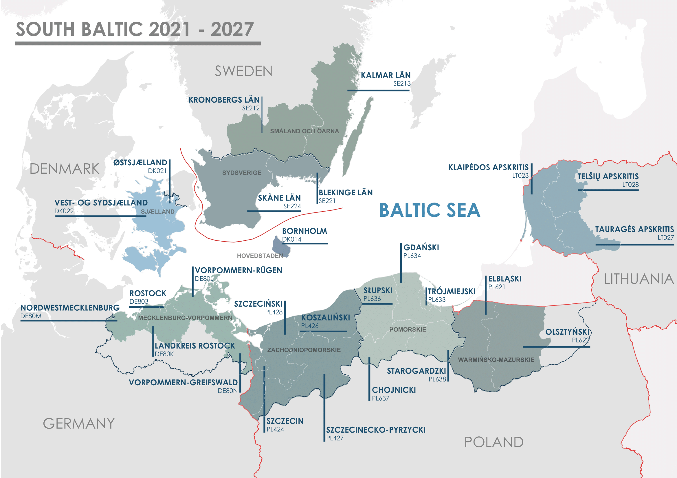 Mapa obszaru wsparcia Programu Interreg Południowy Bałtyk 2021-2027