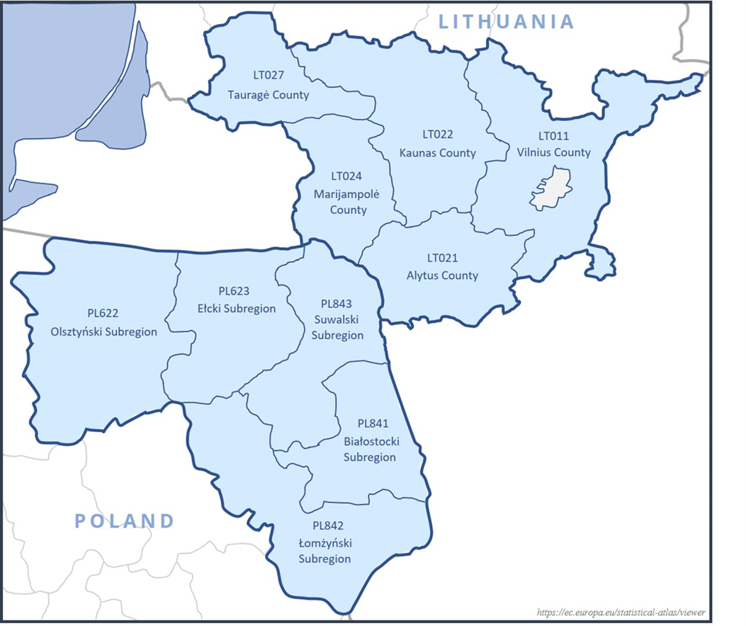 Mapa obszaru wsparcia Programu Interreg Litwa - Polska 2021-2027