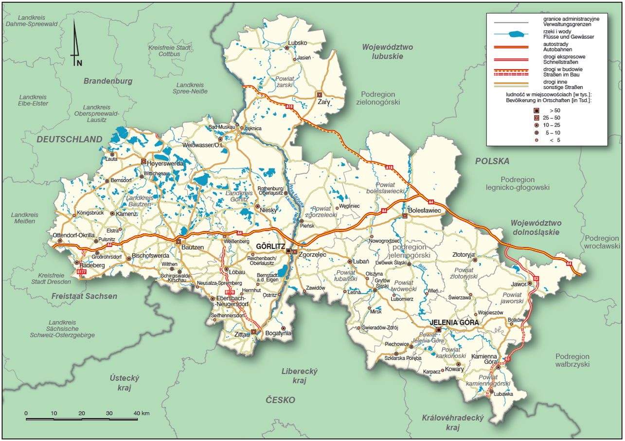 Mapa obszaru wsparcia Programu Interreg Polska - Saksonia 2021-2027